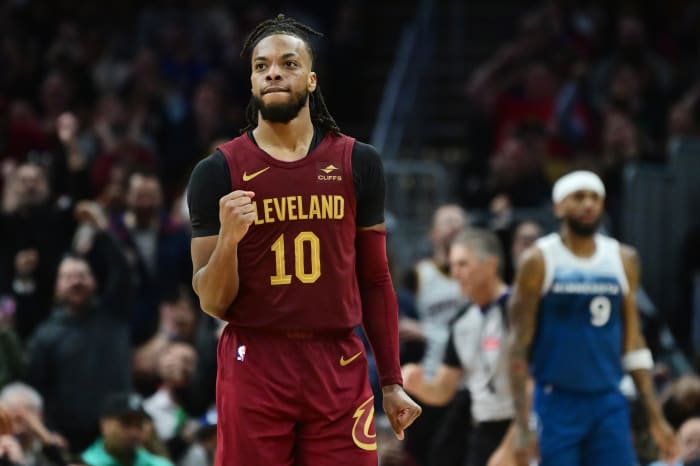 Mar 8, 2024; Cleveland, Ohio, USA; Cleveland Cavaliers guard Darius Garland (10) reacts after a basket during the second half against the Minnesota Timberwolves at Rocket Mortgage FieldHouse. Mandatory Credit: Ken Blaze-USA TODAY Sports